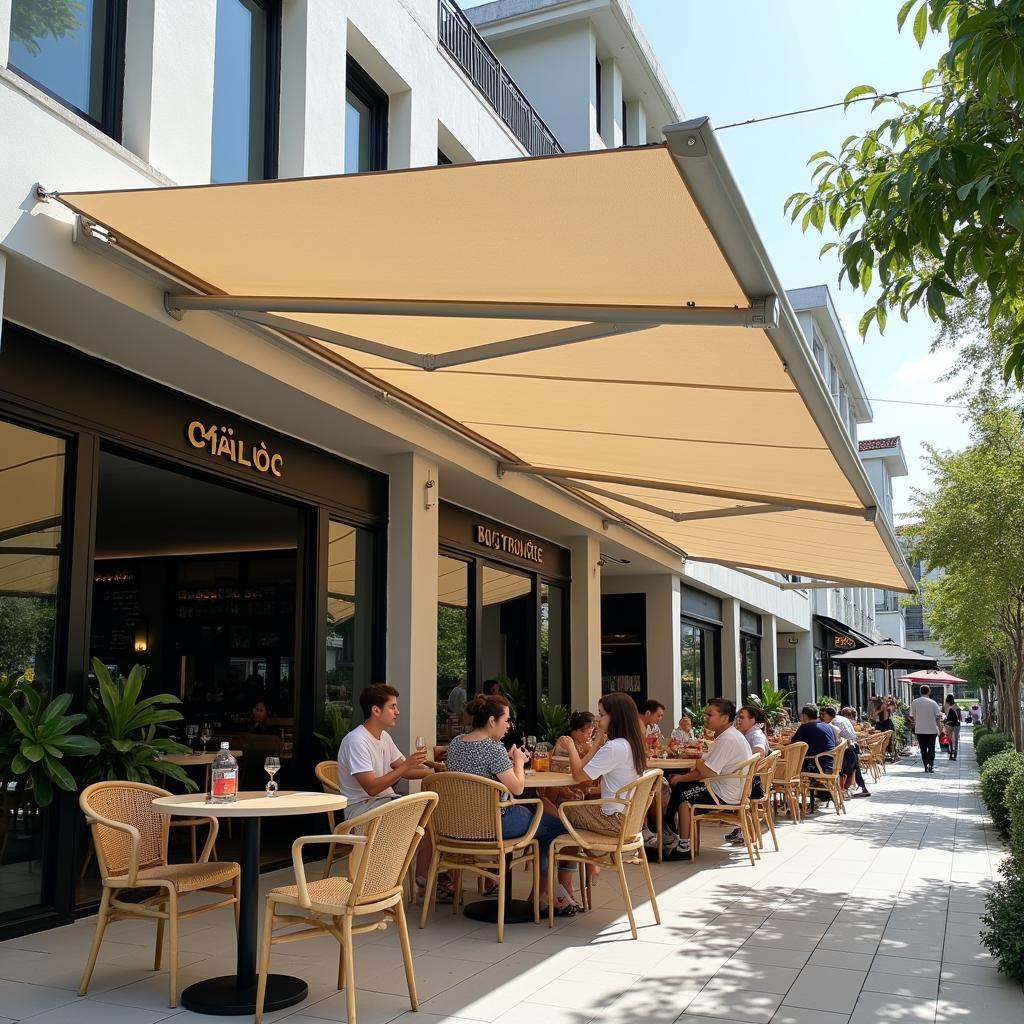 Mẫu mái hiên di động che chắn không gian quán cafe ngoài trời tại Hải Phòng, mang lại vẻ đẹp hiện đại và tiện lợi.